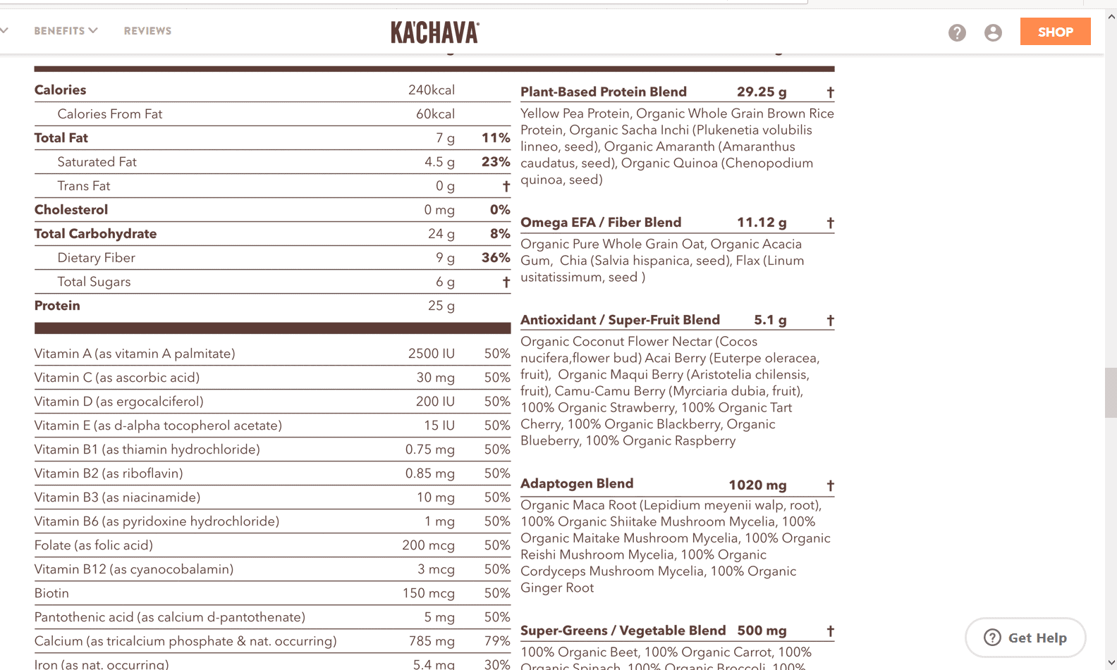 Ka'Chava nutrition facts