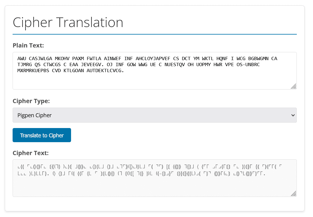 Pigpen Cipher in the Cipher Text tool
